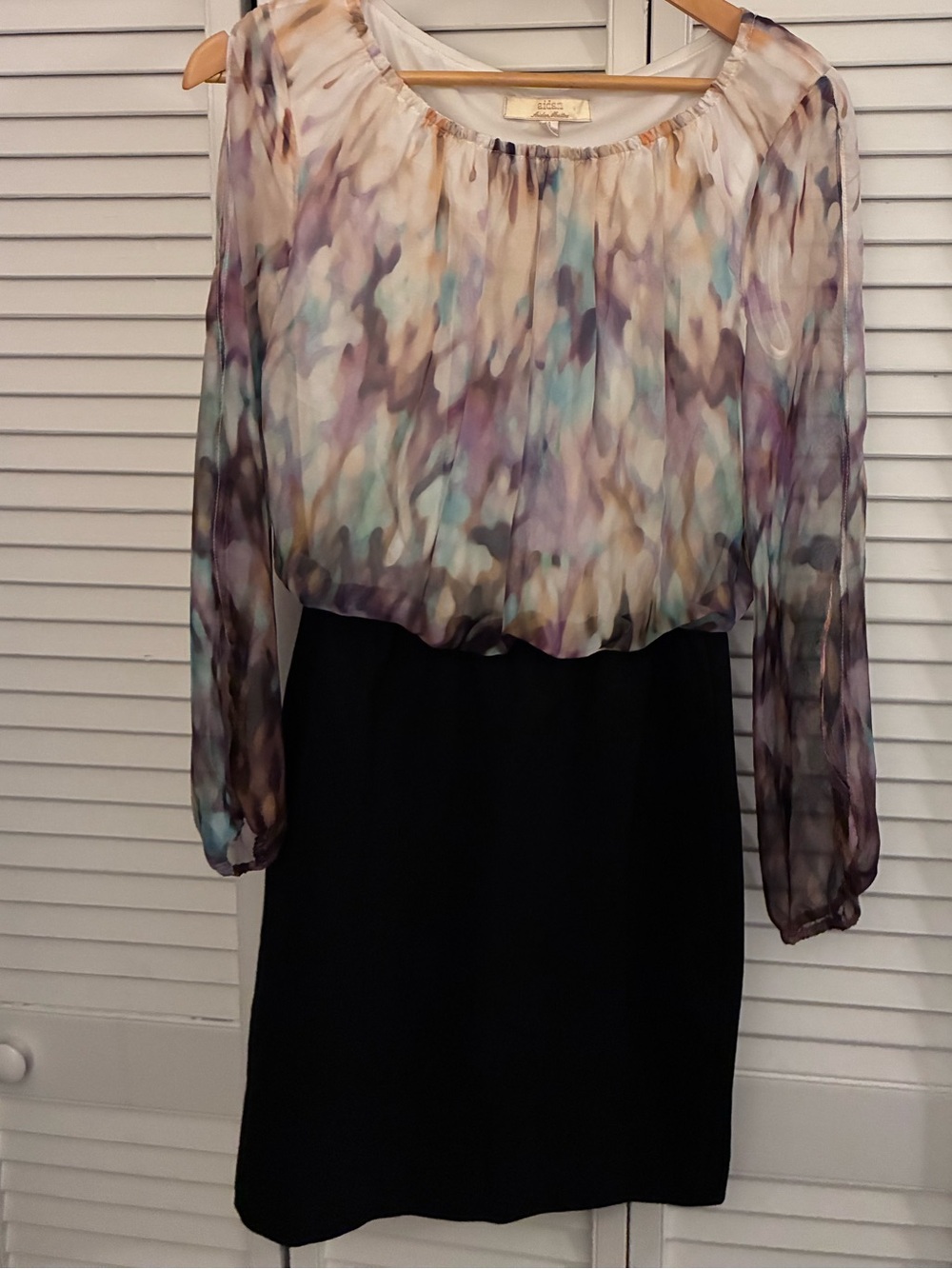 Pleated Chiffon Watercolor Blouse Skirt - Black and Multicolor split slit sleeve
